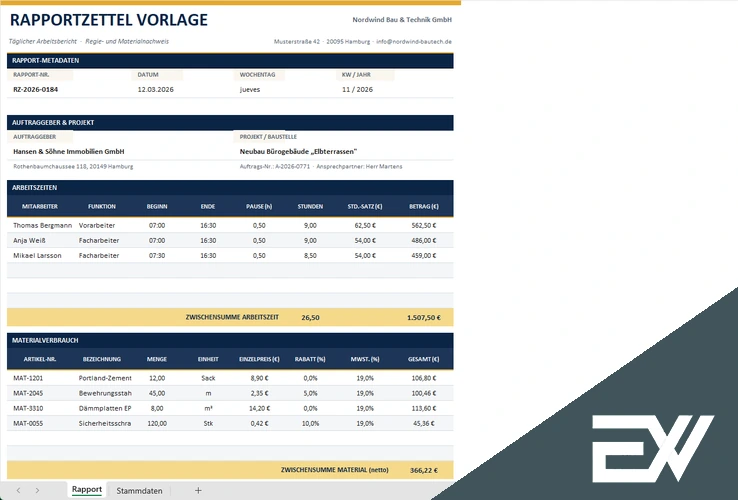 Rapportzettel Vorlage Excel