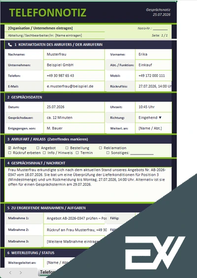 Telefonnotiz Excel