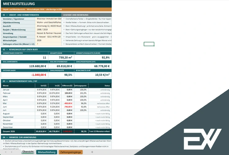 Mietaufstellung Excel Vorlage kostenlos