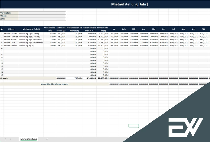 Mietaufstellung Vorlage Excel