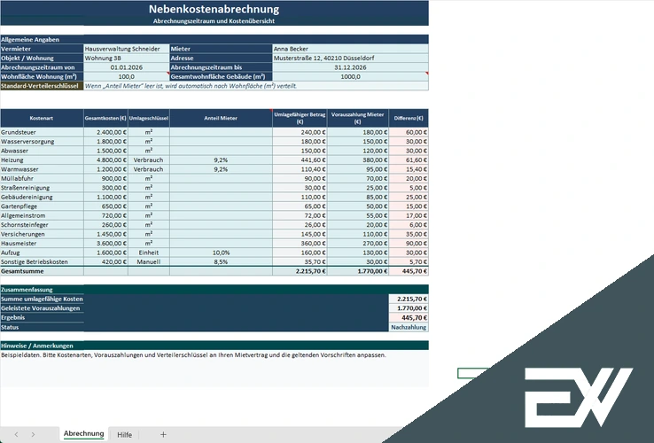 nebenkostenabrechnung vorlage excel