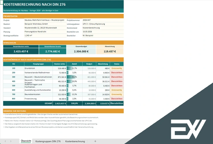 Kostenberechnung DIN276 Excel Vorlage