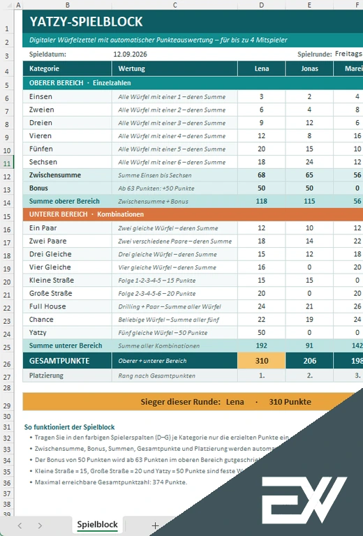Yatzy Excel Vorlage