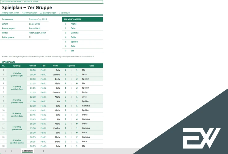 Spielplan 7er Gruppe jeder gegen jeden