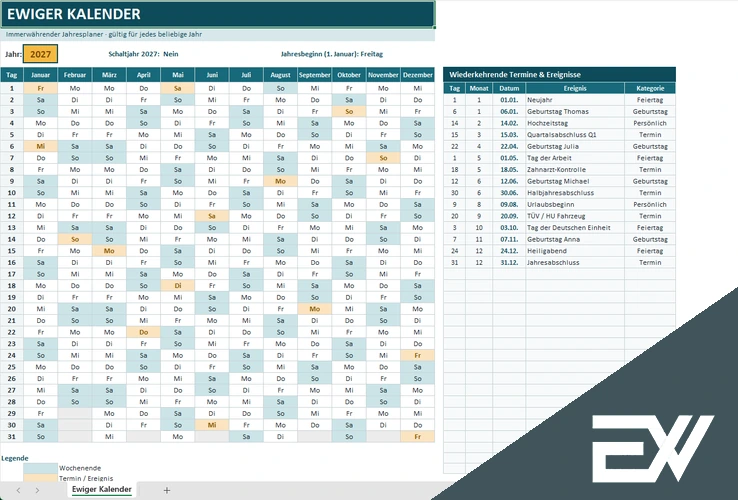 Ewiger Kalender in Excel