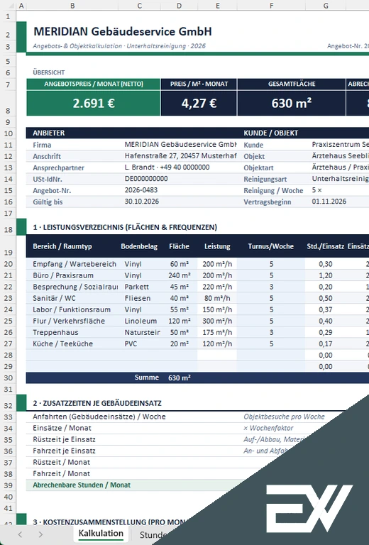 Kalkulation Gebäudereinigung Excel Vorlage
