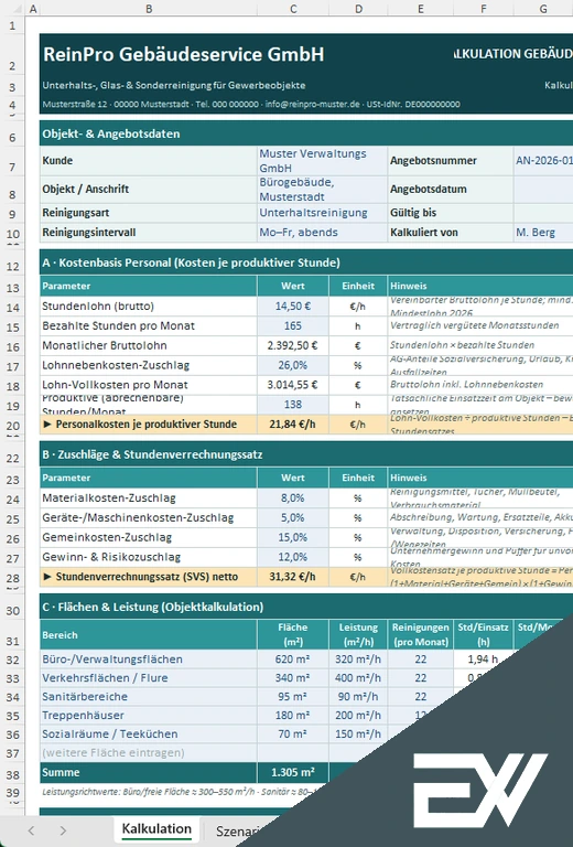 Kalkulation Gebäudereinigung Excel