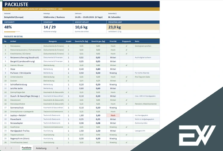 Packliste Vorlage Excel