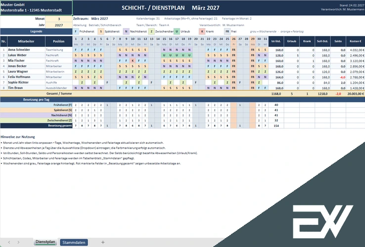 Schichtplan Excel Vorlage