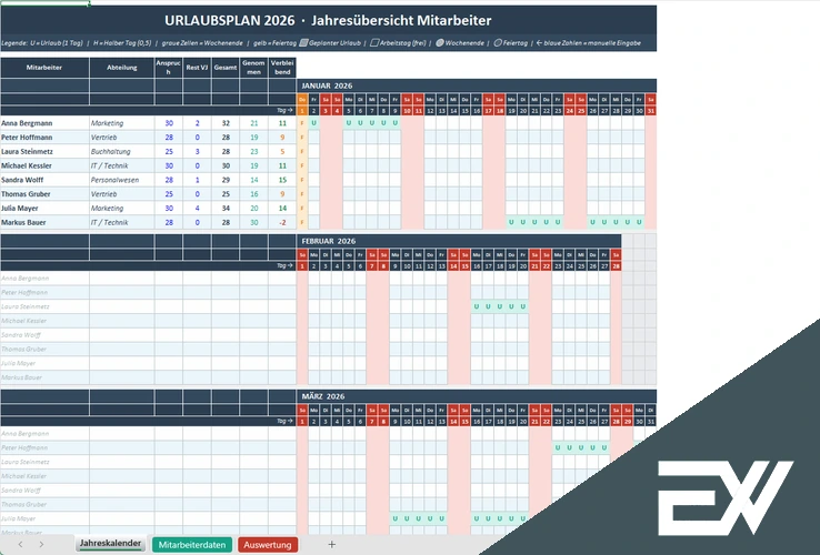 Urlaubsplaner fuer Mitarbeiter Excel