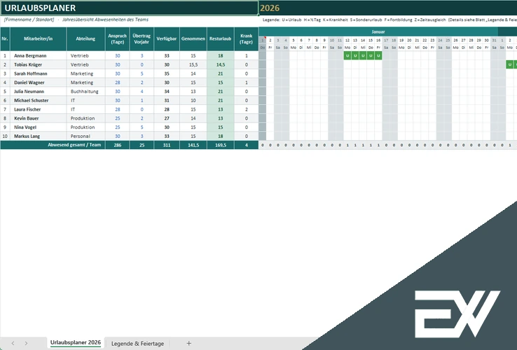 Urlaubsplanung für Mitarbeiter Excel