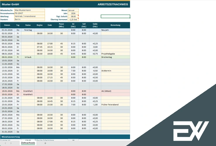 Zeitnachweis Excel Vorlage