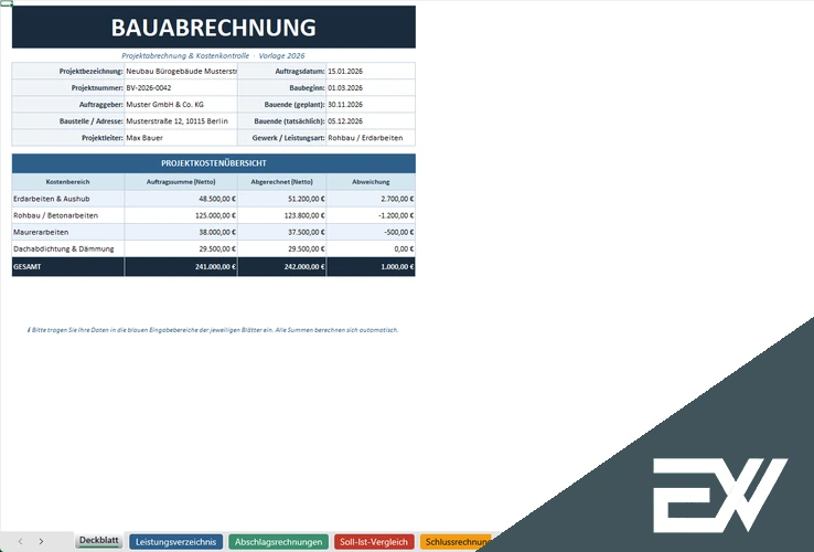 Bauabschnitt Excel Vorlage