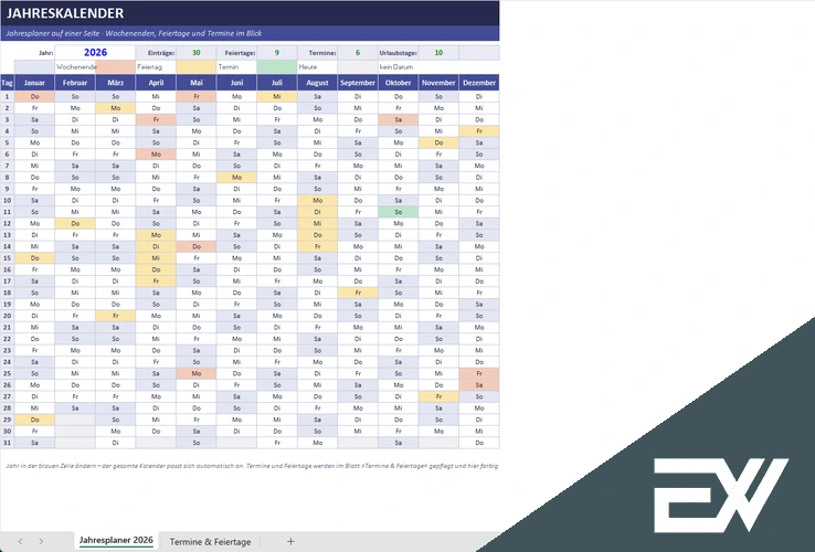 Jahreskalender Excel Vorlage kostenlos