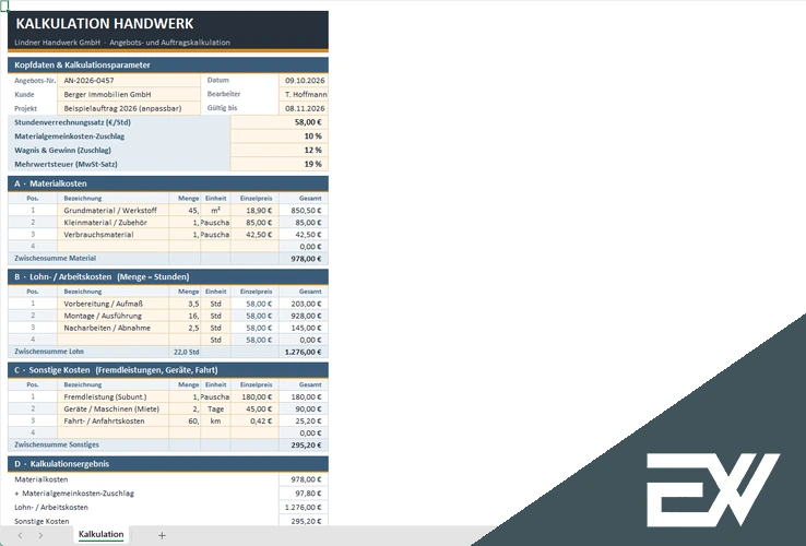 Kalkulation Handwerk Excel Vorlage