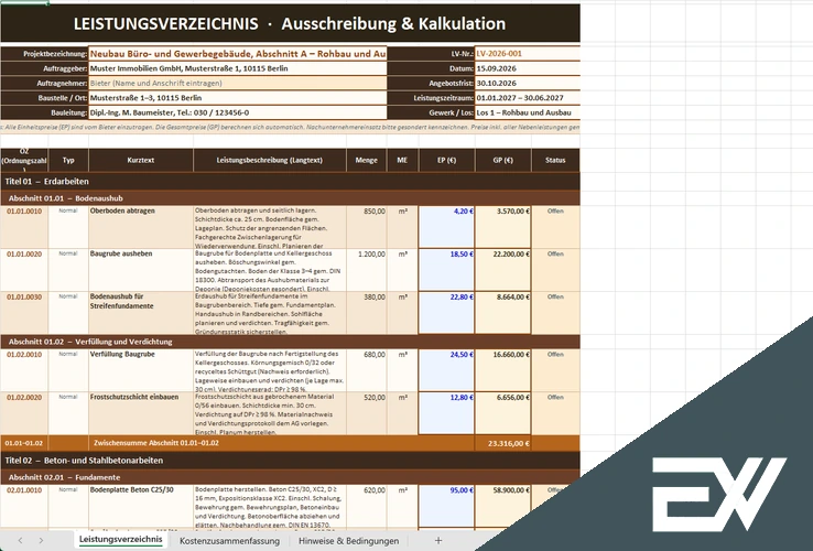 Leistungsverzeichnis Excel Vorlage