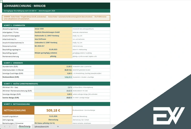 Minijob Lohnabrechnung Vorlage Excel