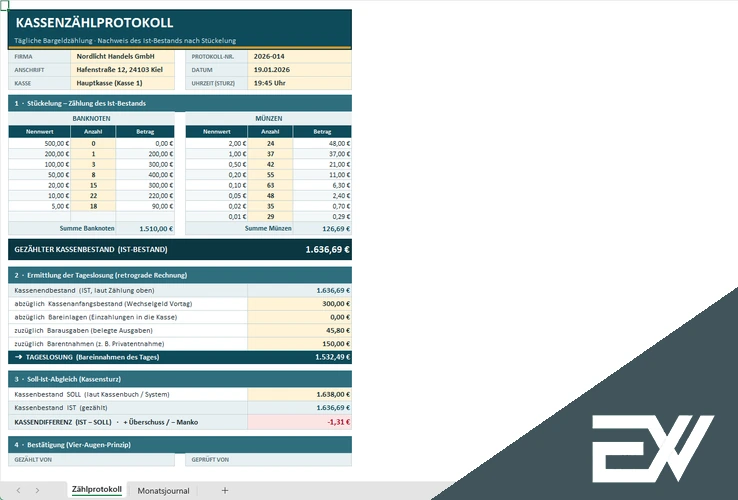 Kassenzählprotokoll Vorlage Excel kostenlos