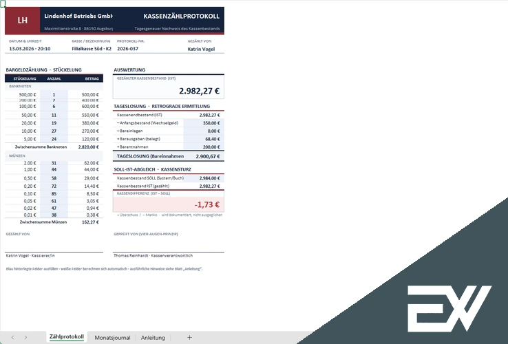 Kassenzählprotokoll Vorlage Excel